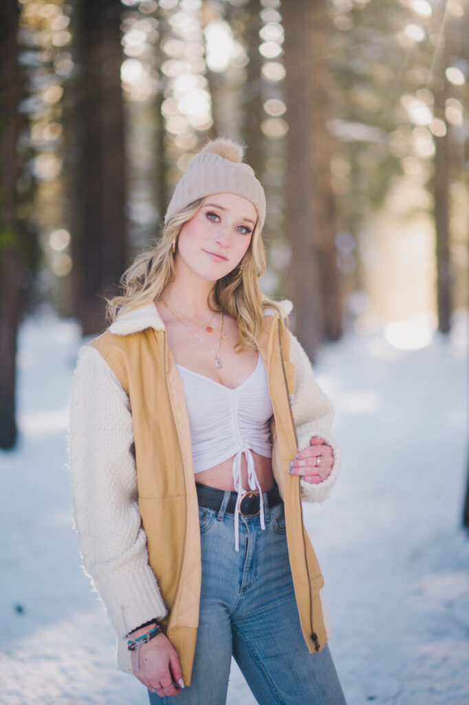 sonora high school senior portraits in the snow at pinecrest lake