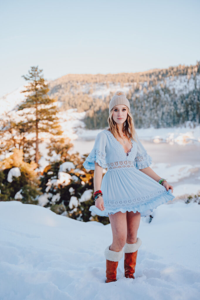 modesto oakdale sonora high school senior portraits in the snow at pinecrest lake