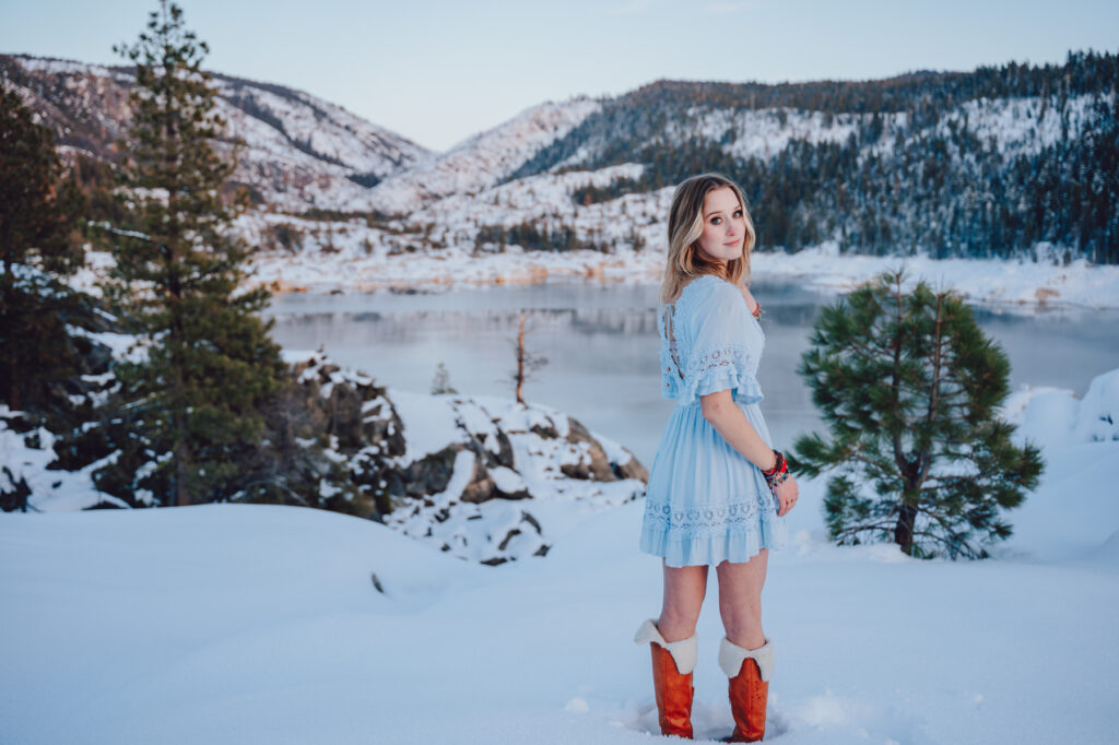 modesto oakdale sonora high school senior portraits in the snow at pinecrest lake