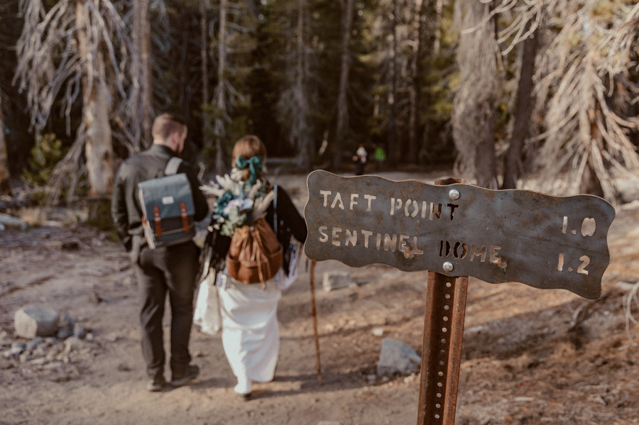 Yosemite Elopement bride and groom at Taft Point Trailhead