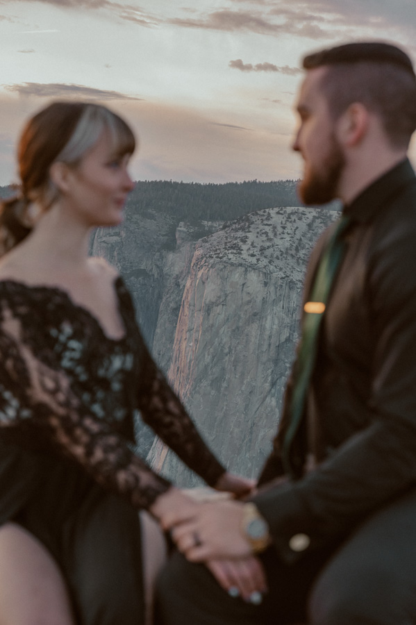 Bride and groom sunset at Taft Point with El Capitan